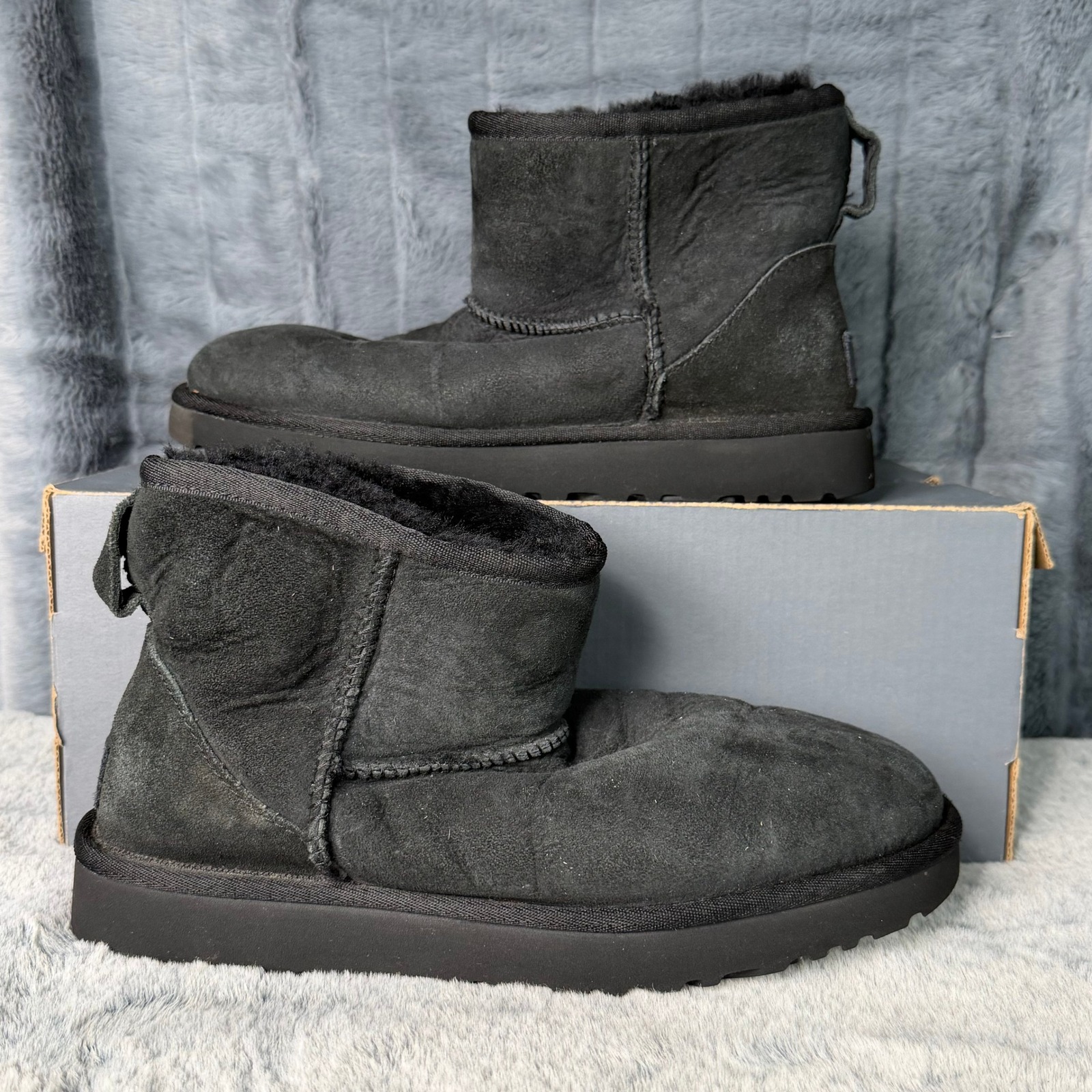 Ugg Classic Ultra Mini Black Suede Shearling Boots 1016222 Womens 7